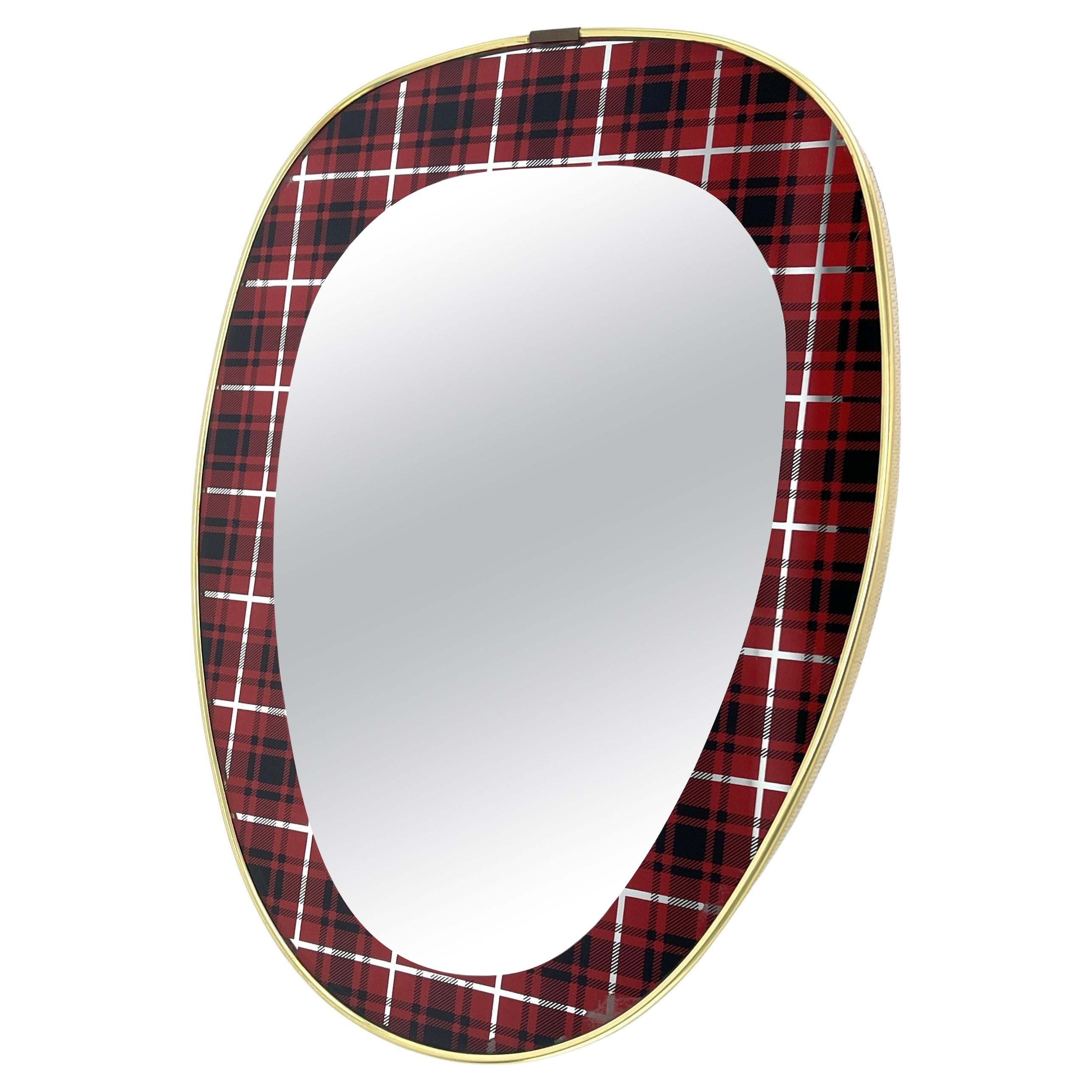 Vintage Wall Mirror in Kidney Shape with Wide Red Checkered Edge, 1950s