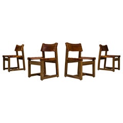 Vintage Biosca Set of 4 Chairs in Pine and Cognac Saddle Leather, Spain, 1960s