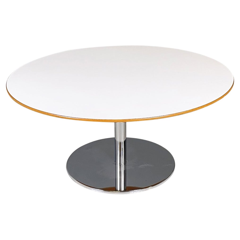Italian Modern Round Coffe Table in White Wood and Metal, 1980s For Sale