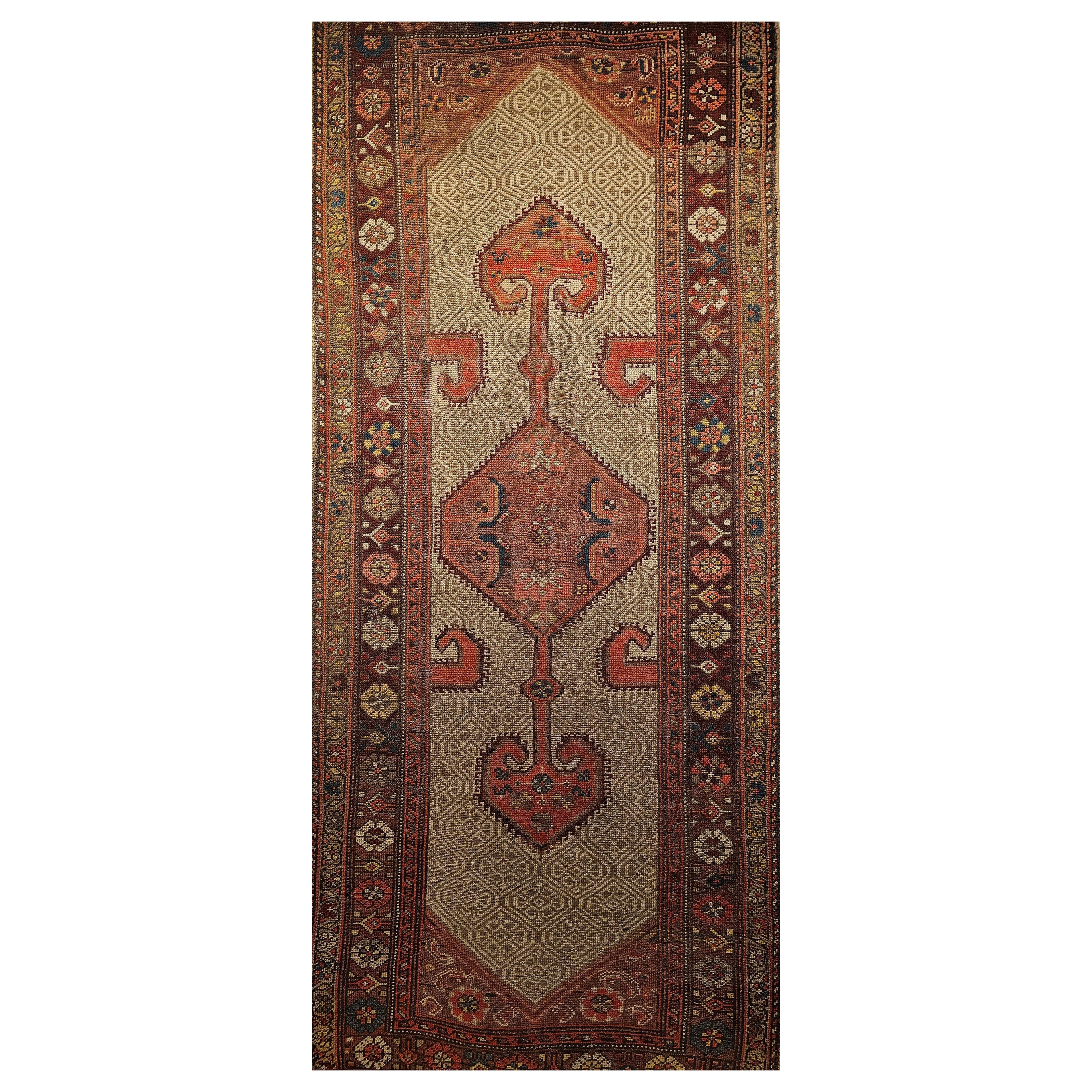 Vintage Persian Malayer Runner in Geometric Pattern in Camel, Burgundy, Red For Sale