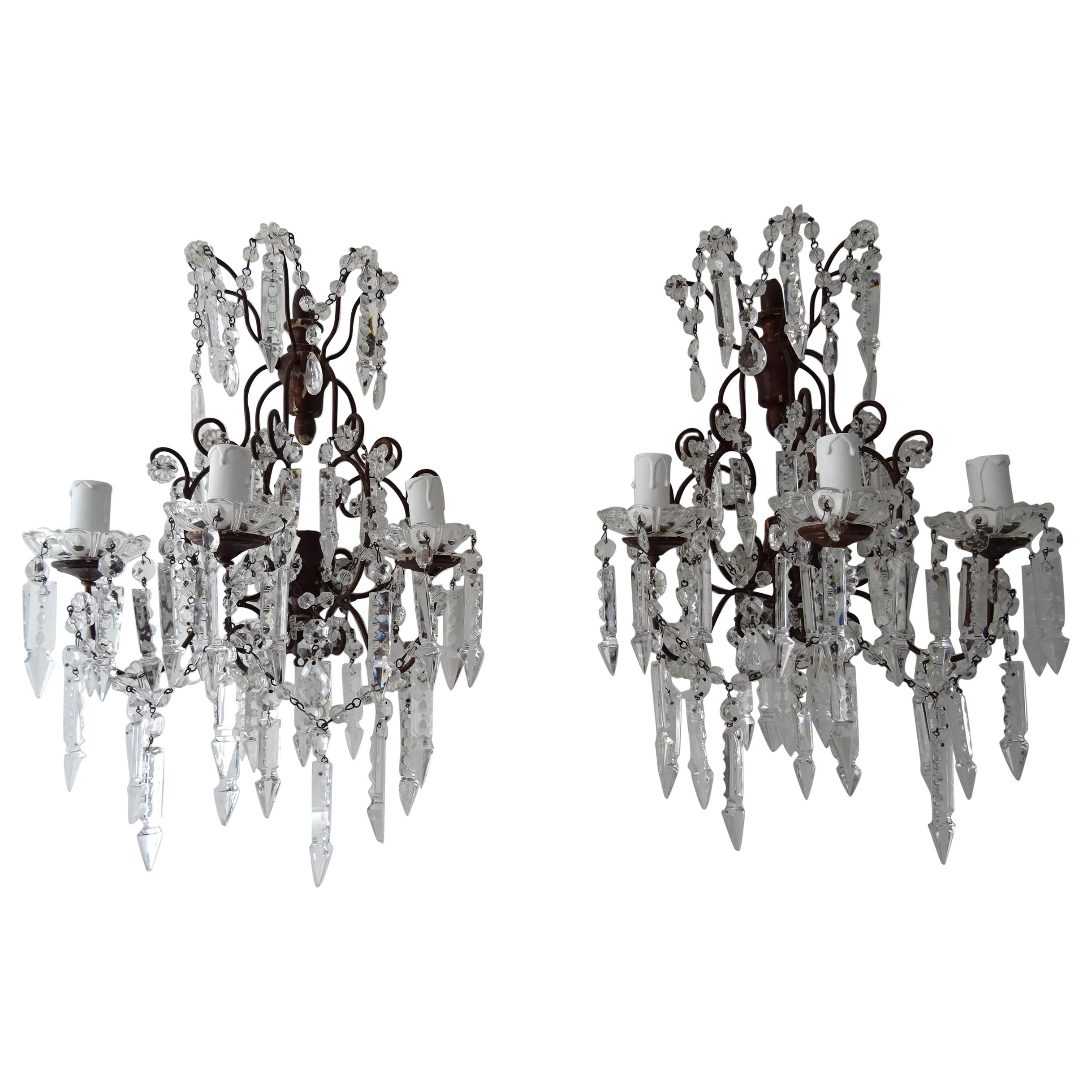 Big French Baroque Loaded Crystal Spears Prisms 3 Light  Sconces c 1900 For Sale