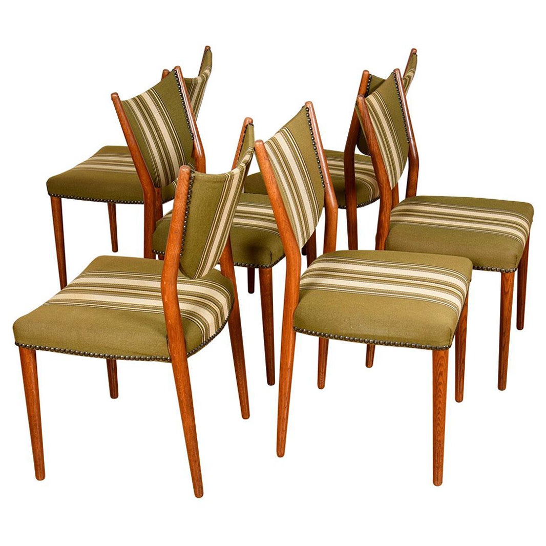 Set of 6 Danish Modern Dining Chairs with Striped Upholstery For Sale