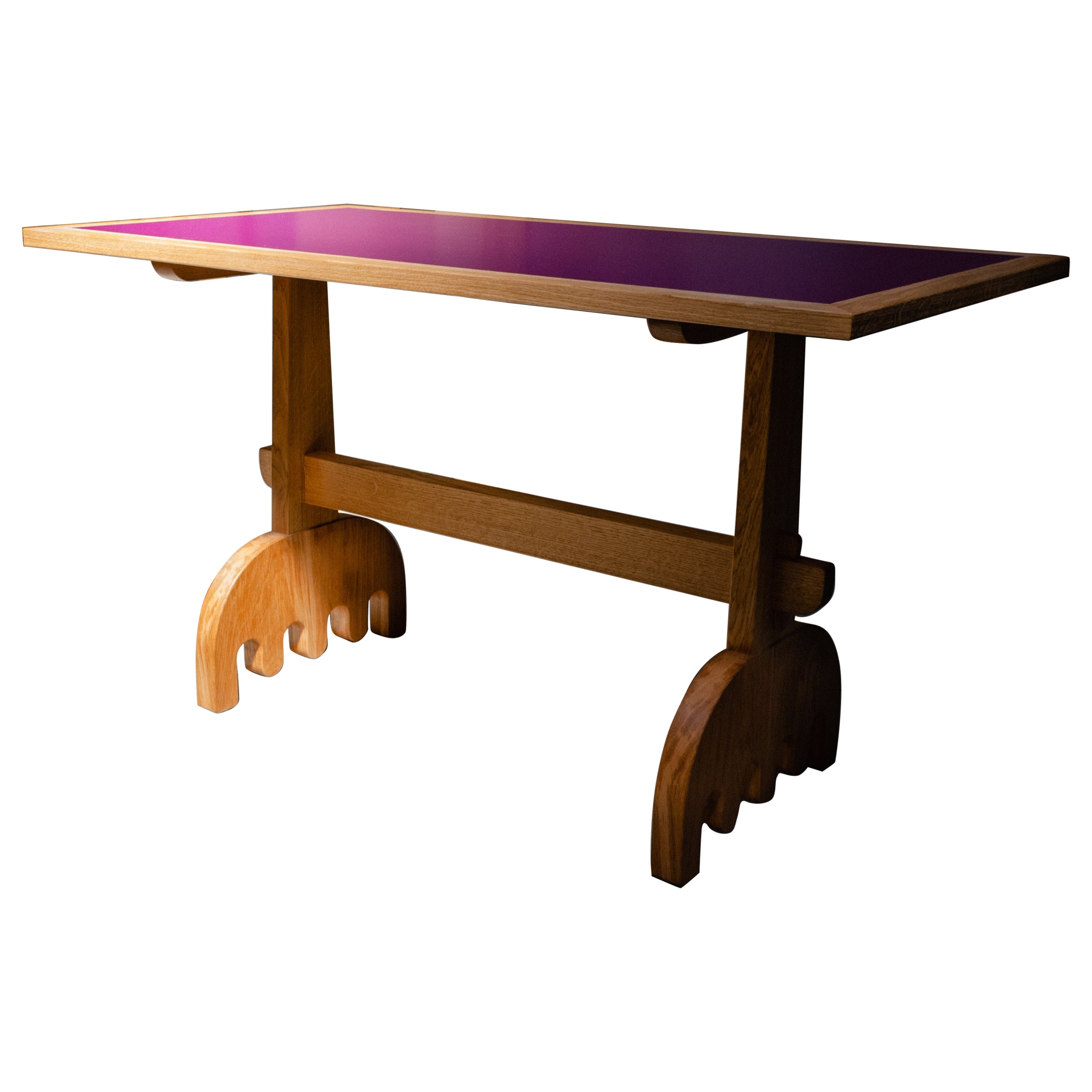 Organic Modern Table, Solid Oak, Pink Formica Top, Handmade by Loose Fit, UK For Sale