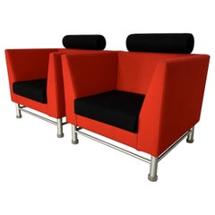 Paar Knoll- Ost-Beistellstühle von Ettore Sottsass aus roter und schwarzer Wolle