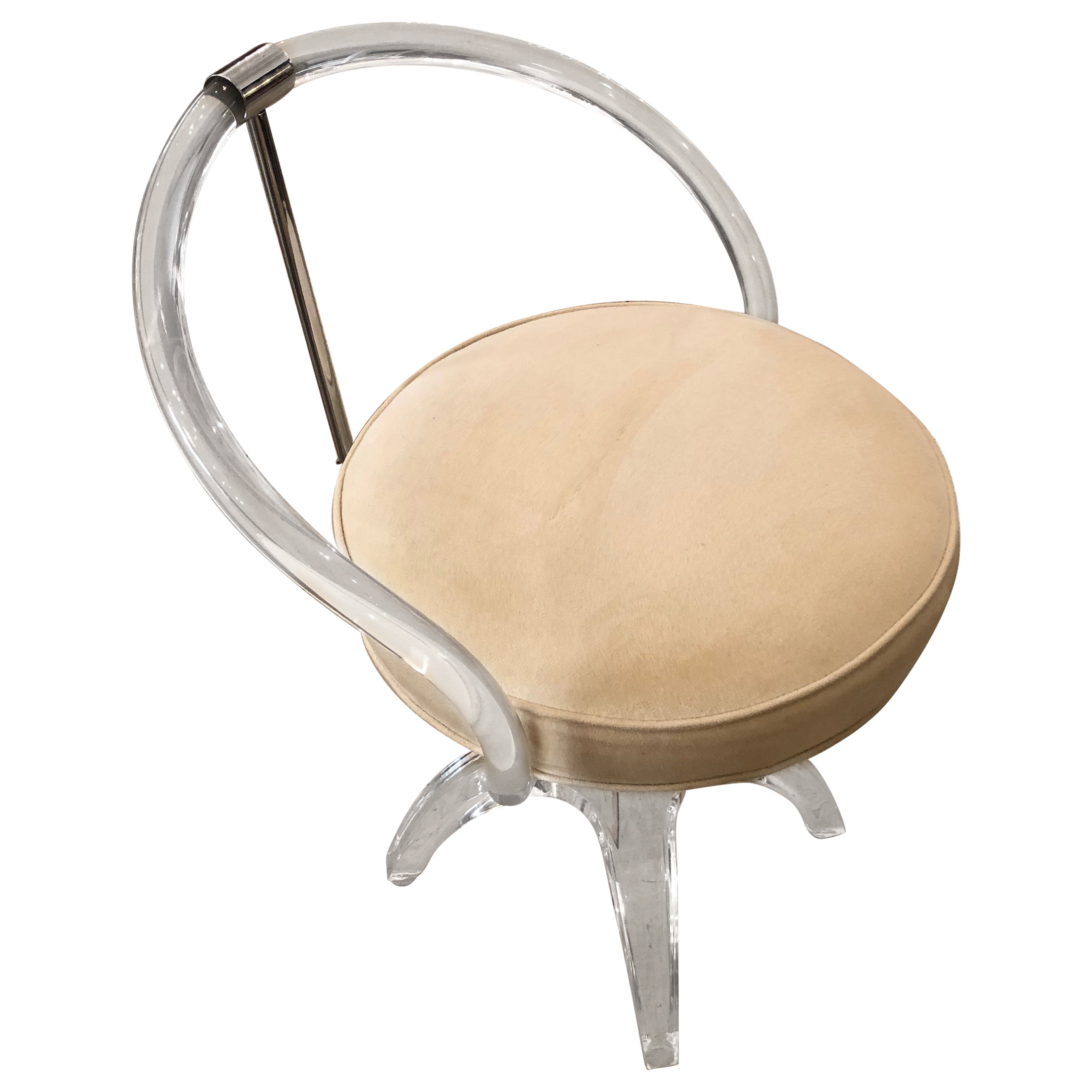 Mid-Century Modern Lucite & Ultrasuede Swivel Vanity Stool Chair