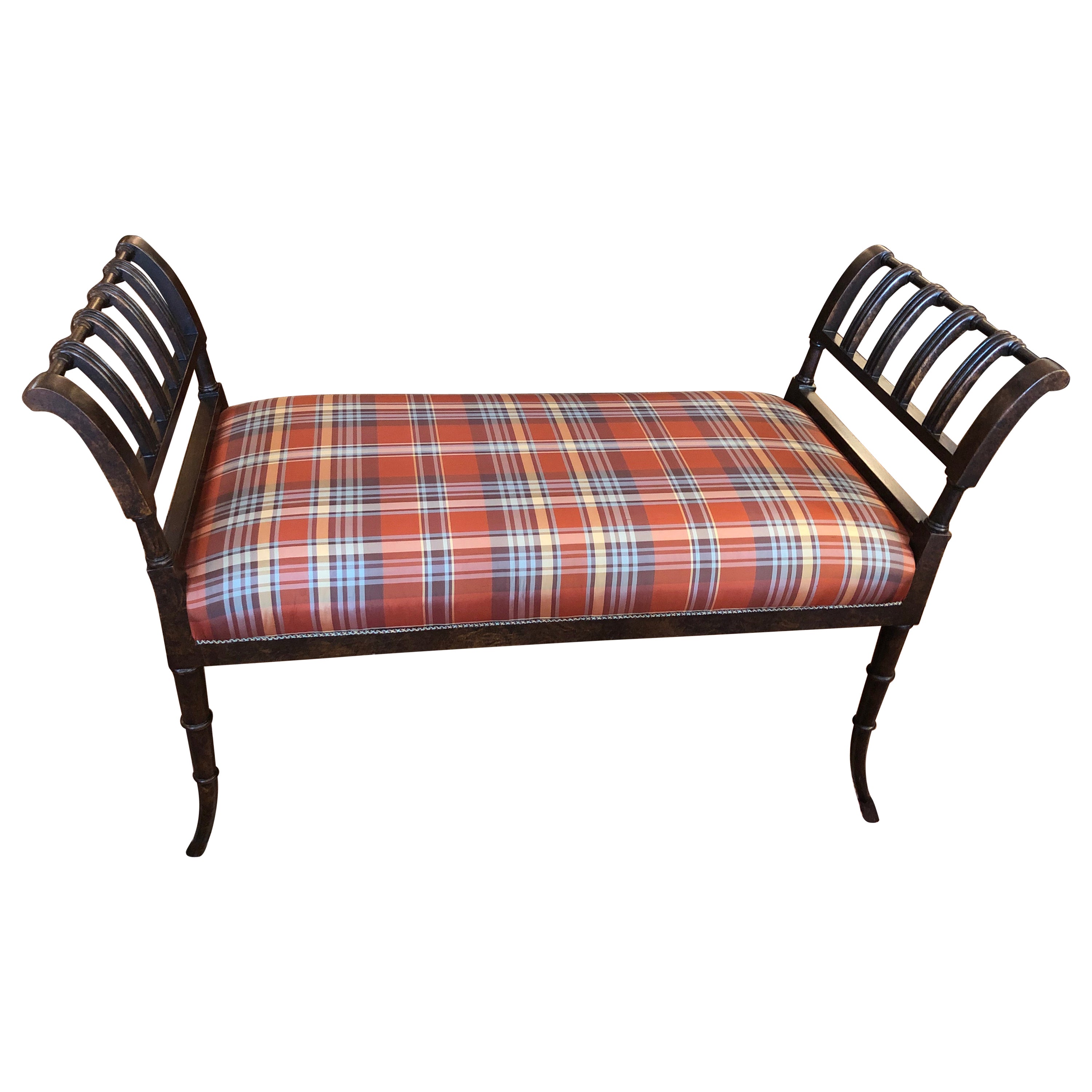 Hickory Chair Designer Walnut Bench with Plaid Silk Upholstery For Sale