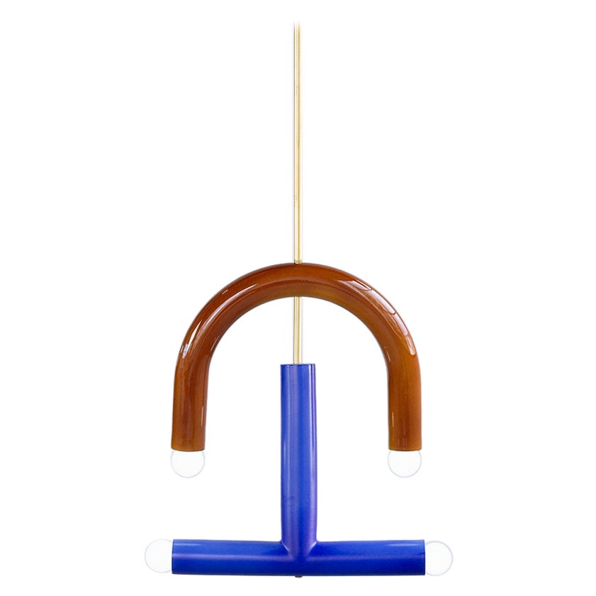 Ceramic Pendant Lamp 'TRN C3' by Pani Jurek, Brass Rod, Brown & Blue For Sale