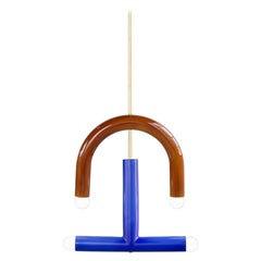 Ceramic Pendant Lamp 'TRN C3' by Pani Jurek, Brass Rod, Brown & Blue