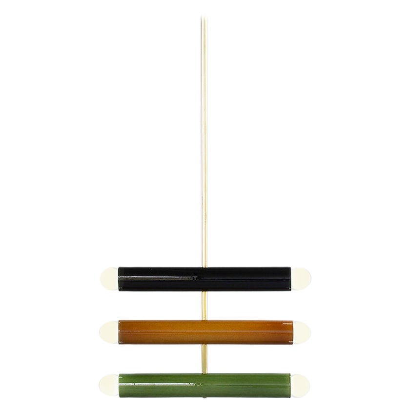 Ceramic Pendant Lamp 'TRN C4' by Pani Jurek, Brass Rod, Black, Ochre & Green For Sale