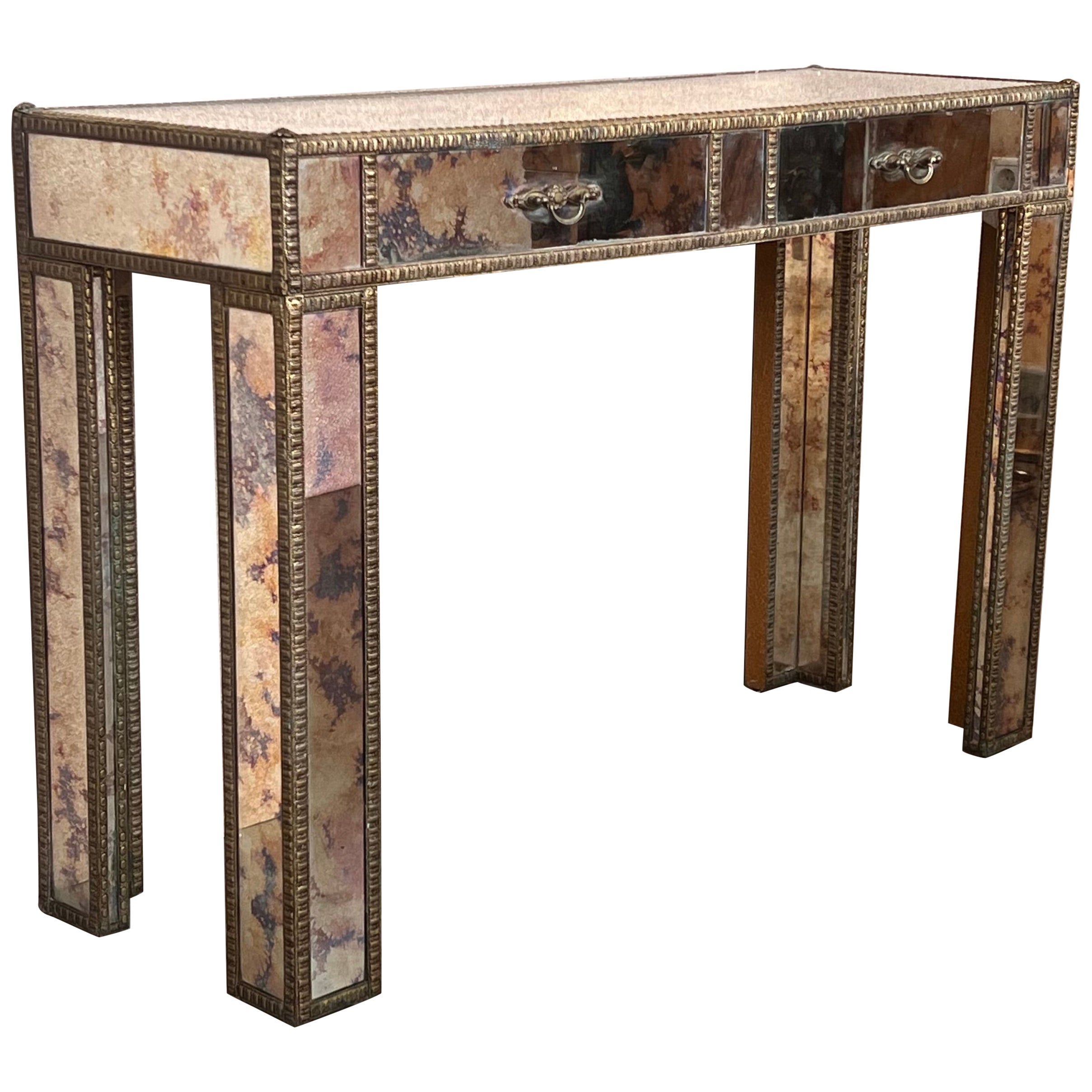 Mastercraft Hollywood Regency Greek Key Brass and Mirrored Glass Console Table
