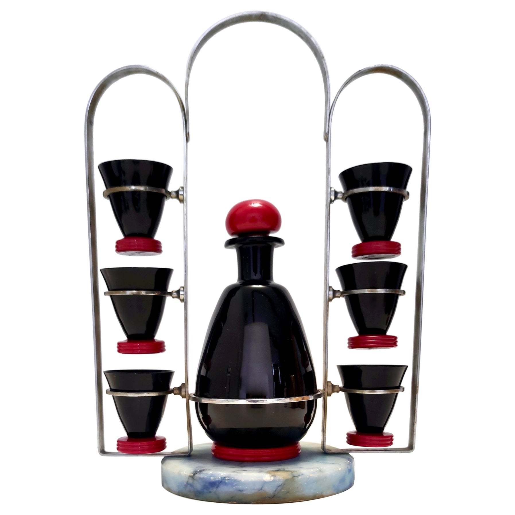 Vintage Rare Black and Red Glass Liqueur Drinking Set by Moretti & Nason, Italy For Sale