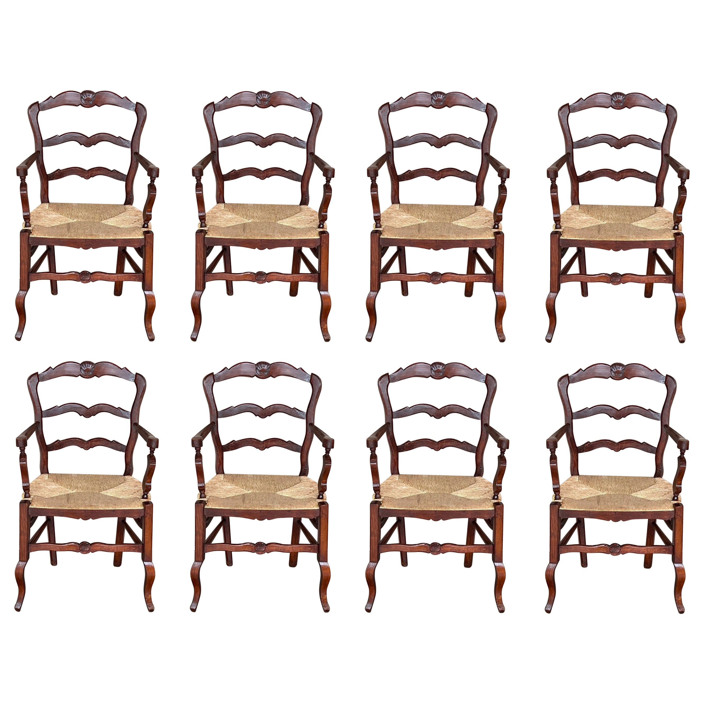 19th Set of Eight Spanish Armchairs with Cane Seat