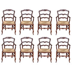 Antique 19th Set of Eight Spanish Armchairs with Cane Seat