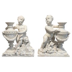 18th Century White-Grey French Pair of Walnut Putti aux Vases, Antique Cherubs