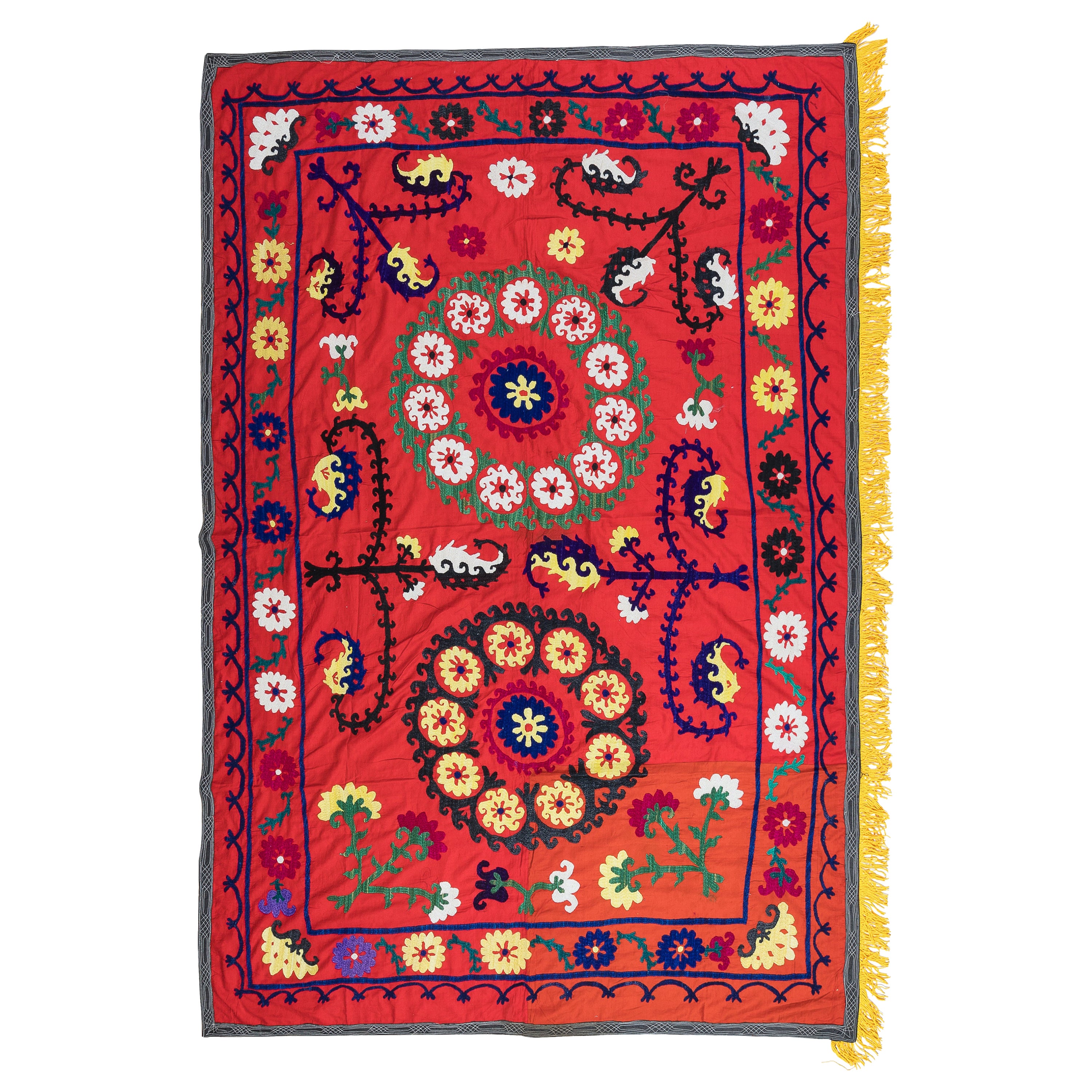 Hand Embroidered Bedspread, Vintage Suzani Fabric Wall Hanging in Red