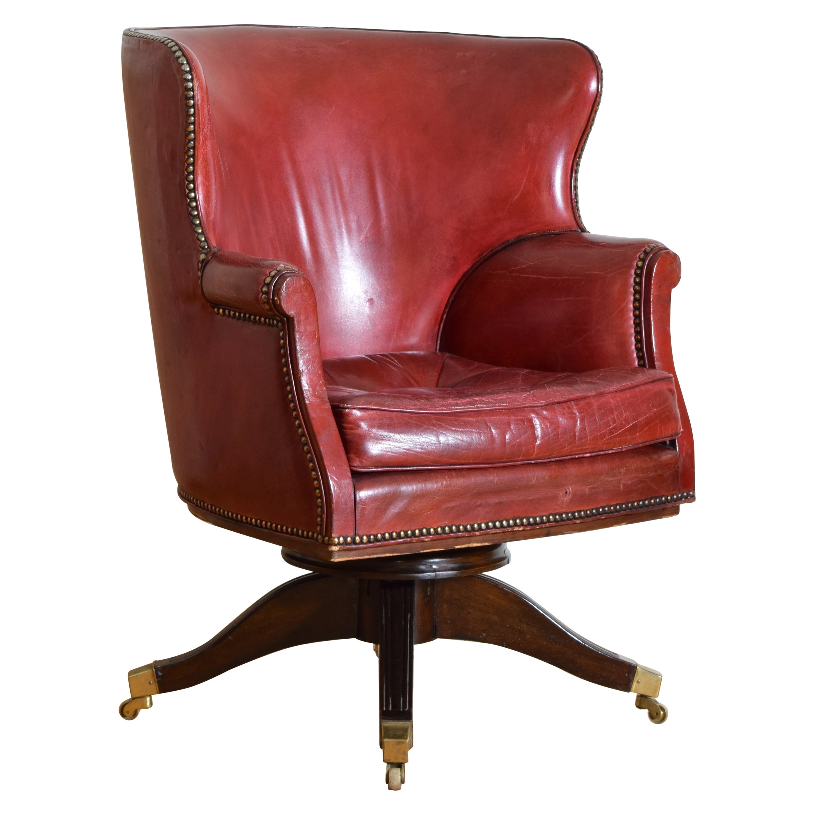 English Georgian Style Mahogany & Leather Upholstered Swivel Wing Chair