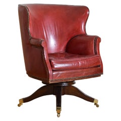Antique English Georgian Style Mahogany & Leather Upholstered Swivel Wing Chair