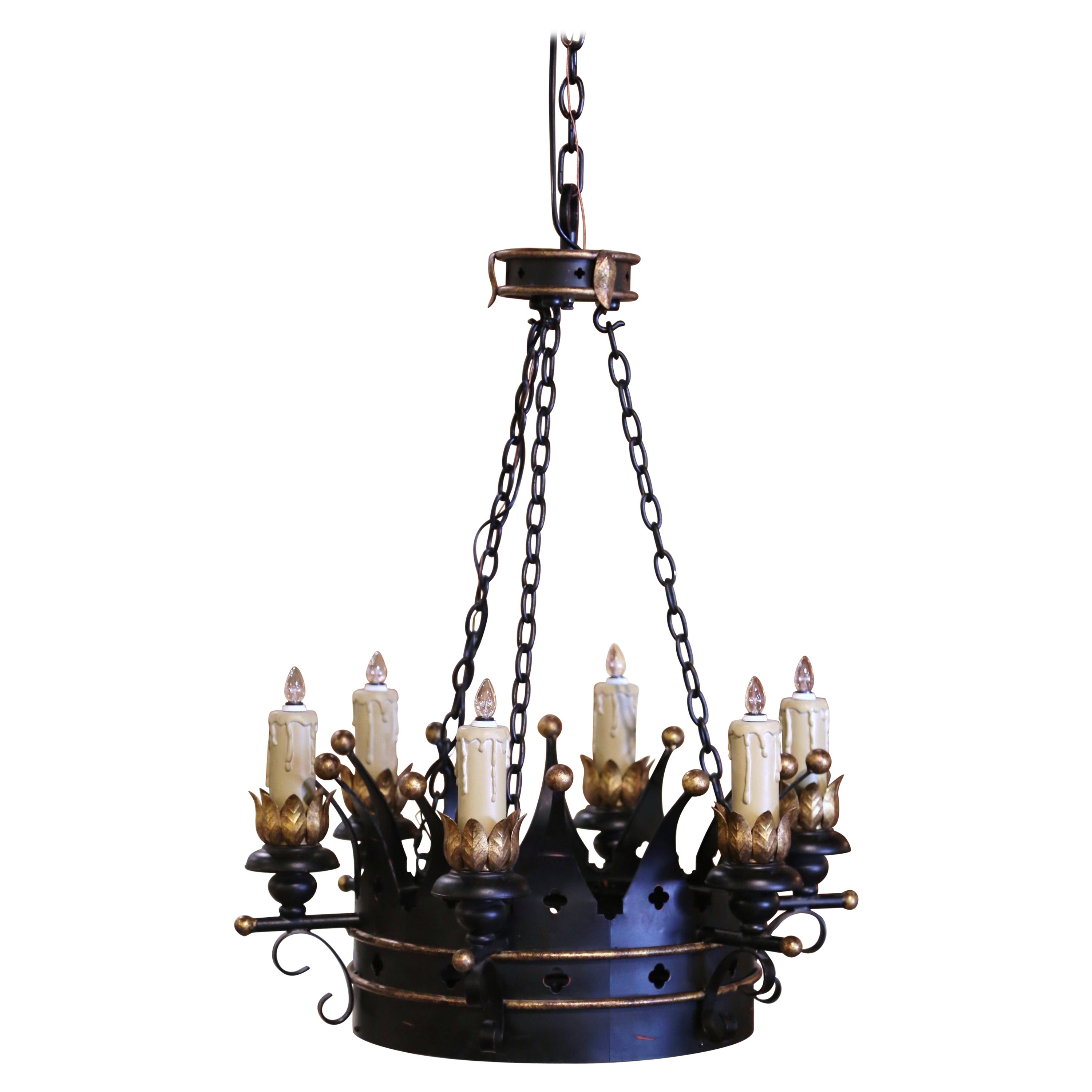 Midcentury French Gothic Black and Gilt Painted Iron Six-Light Crown Chandelier For Sale