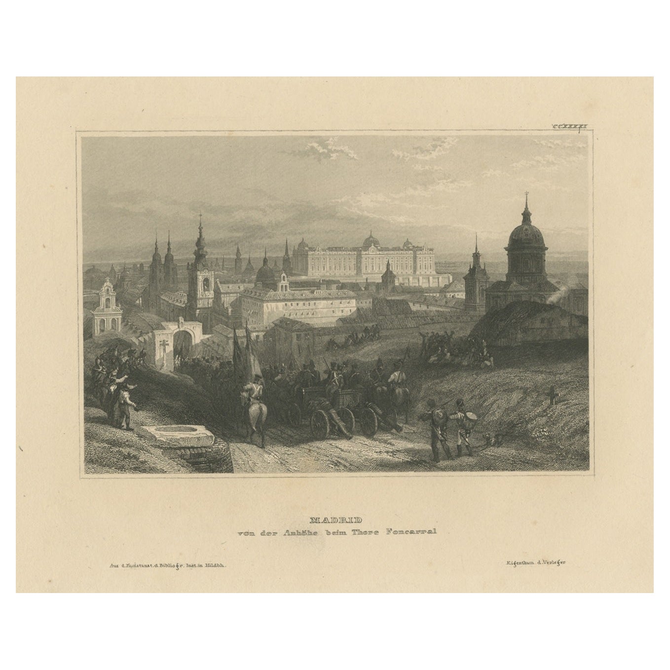 Antique Print of the City of Madrid, seen from Calle Fuencarral, Spain For Sale