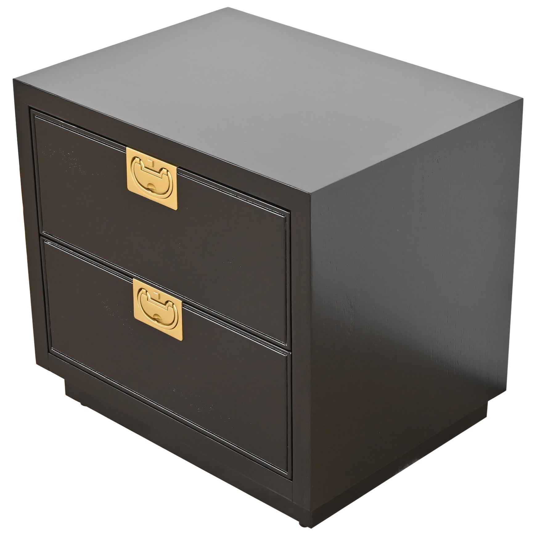 Henredon Hollywood Regency Black Lacquered Campaign Nightstand, Newly Refinished For Sale