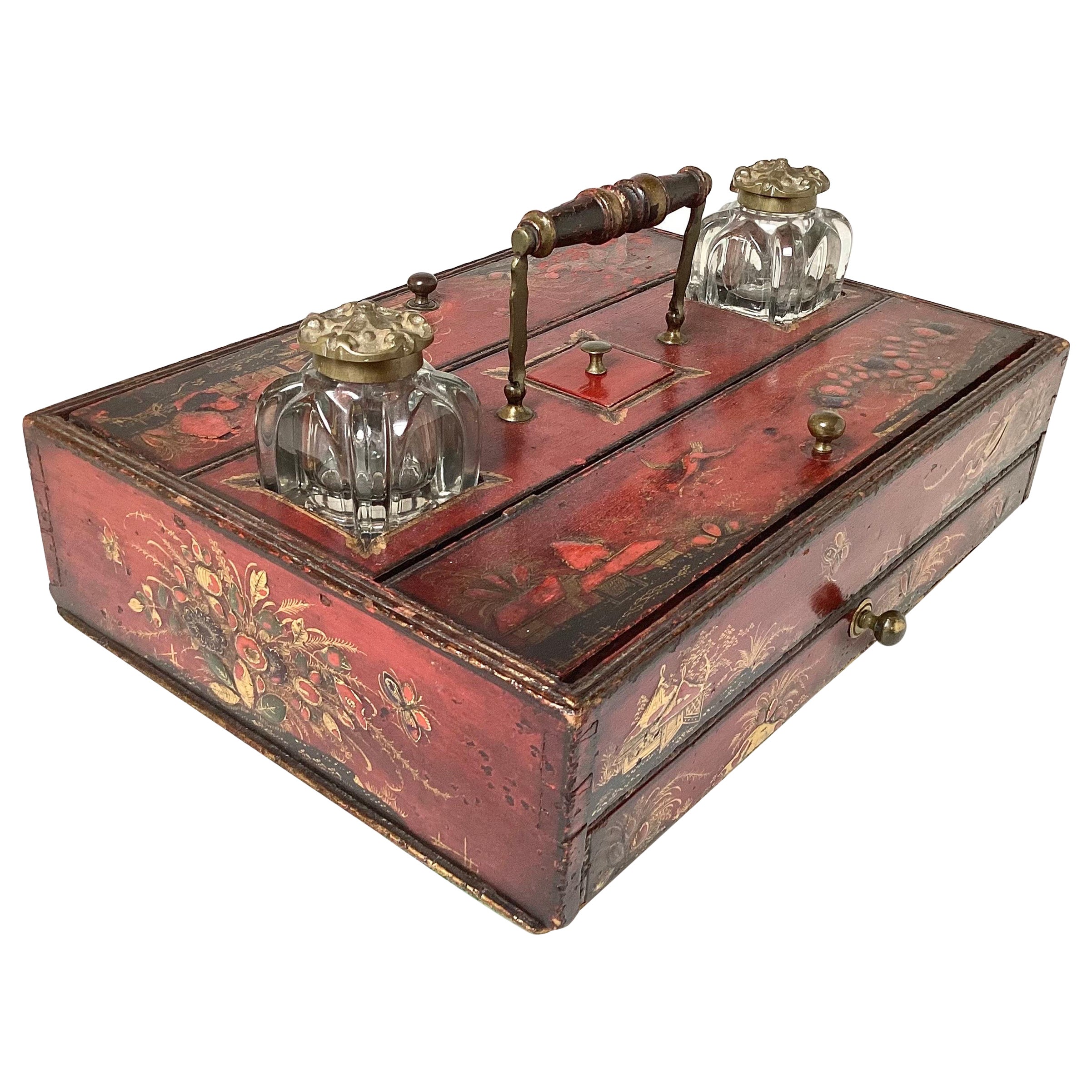 A George III Red Japaned Ink Stand Writing Box  For Sale