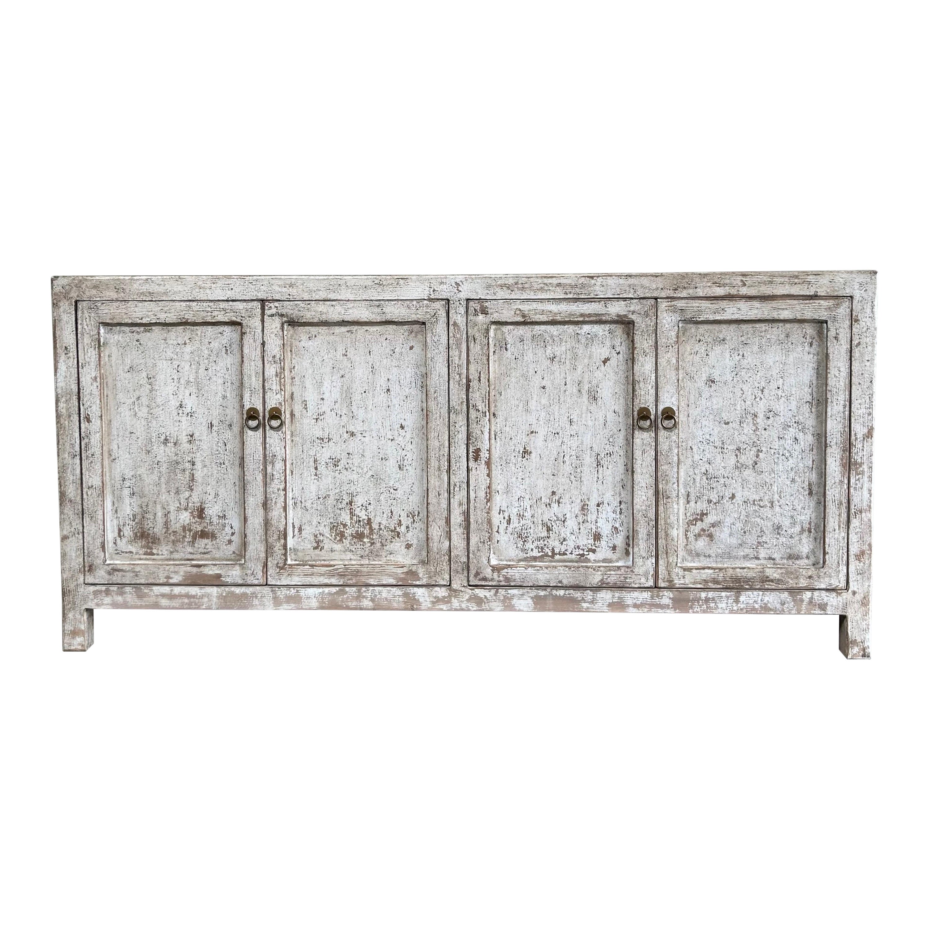 Custom Reclaimed Elm & Pine Wood Cabinet in Distressed White with 4 Doors For Sale