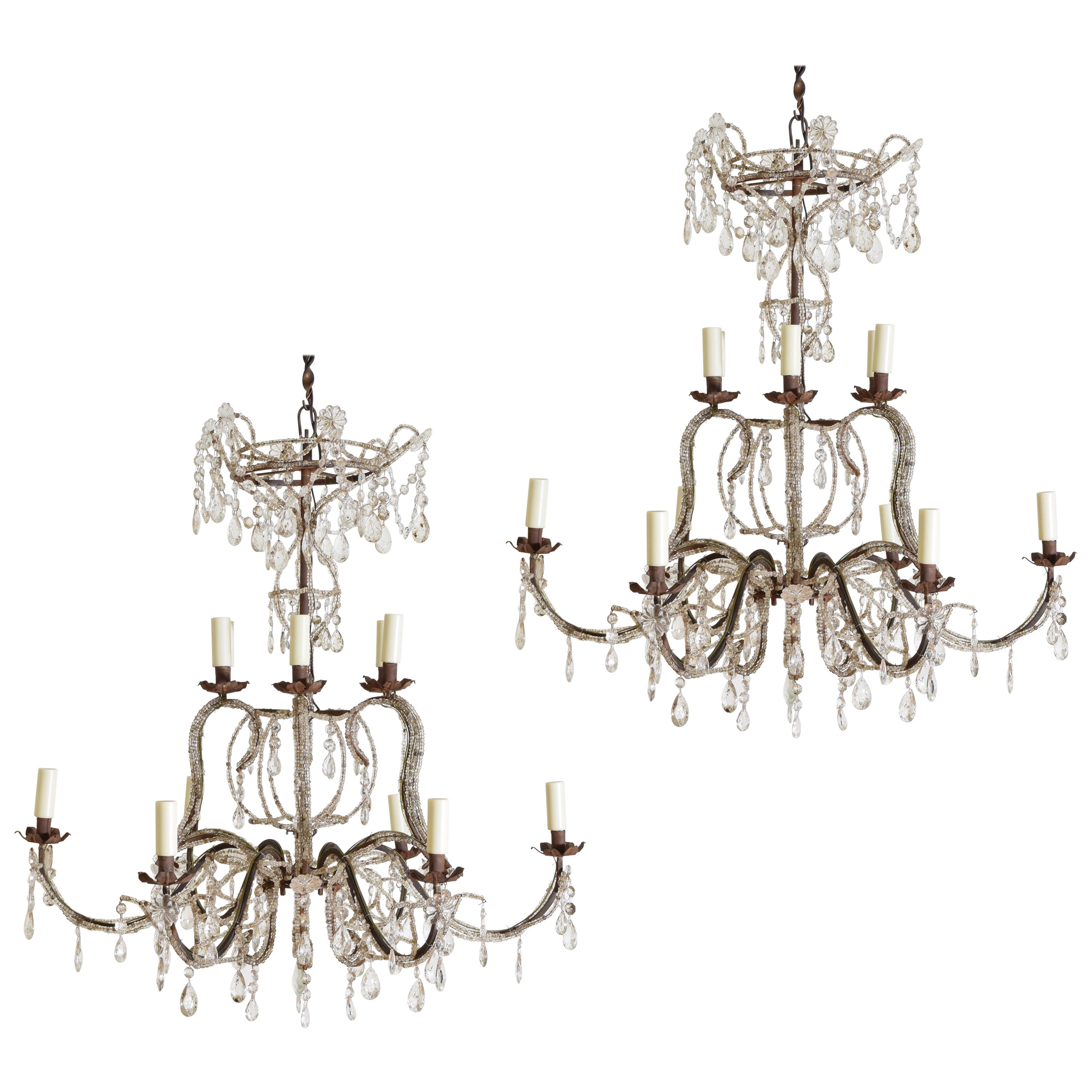 Pair of Italian, Genovese, 2-Tier, 12-Light Glass and Iron Chandeliers
