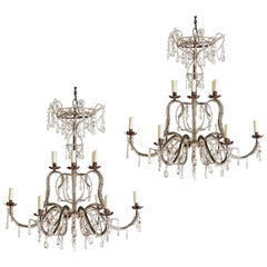 Vintage Pair of Italian, Genovese, 2-Tier, 12-Light Glass and Iron Chandeliers