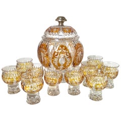 Stunning Bohemian Amber Cut to Clear Glass and Silver Punch Bowl Set