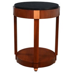 Used Art Deco Revival Round Side Table Custom Two-Toned Mahogany Black Granite Top