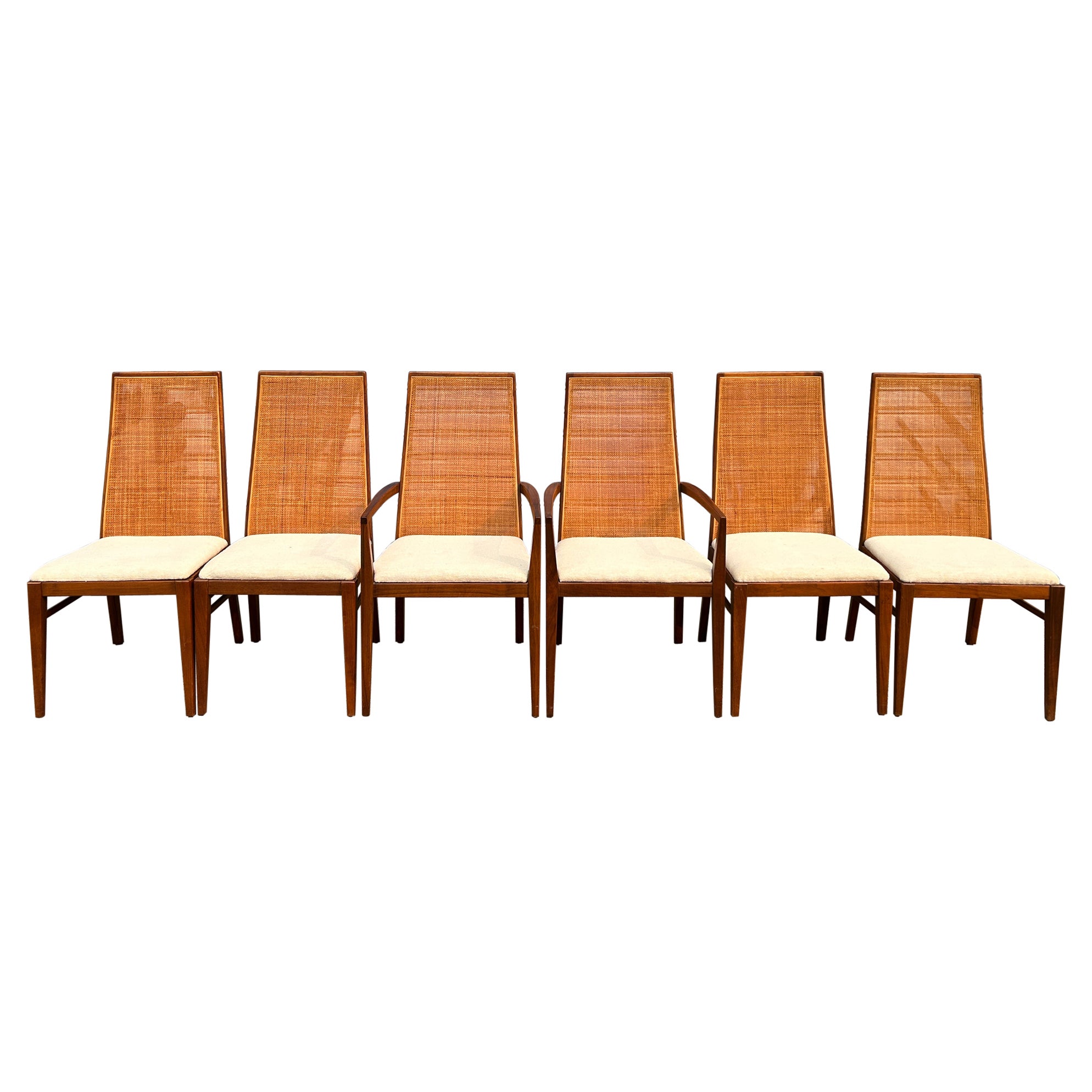 Ensemble de 6 chaises de salle à manger modernes du milieu du siècle à dossier canné conique en vente