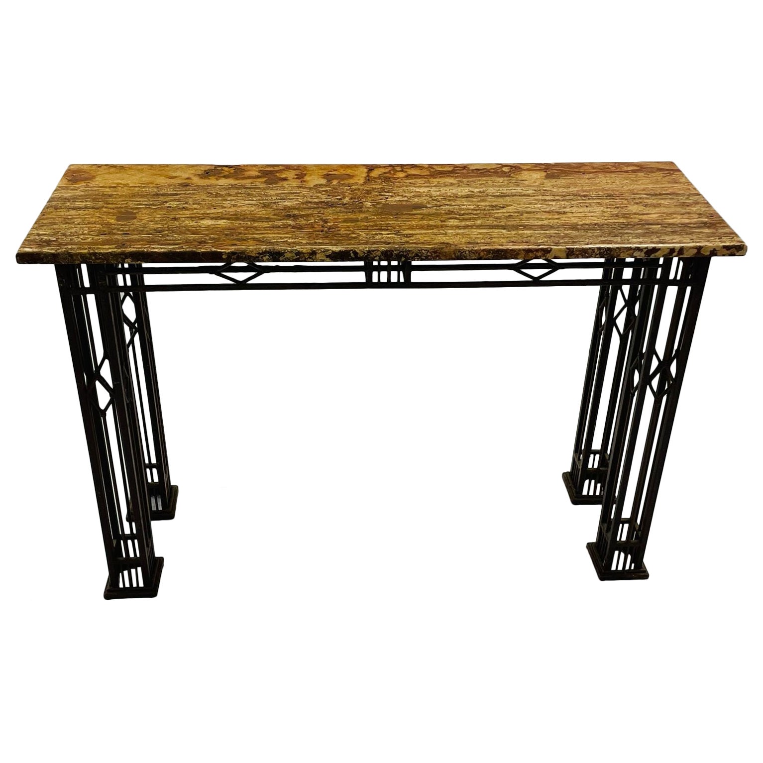 Console / table de canapé en fer français, plateau en marbre