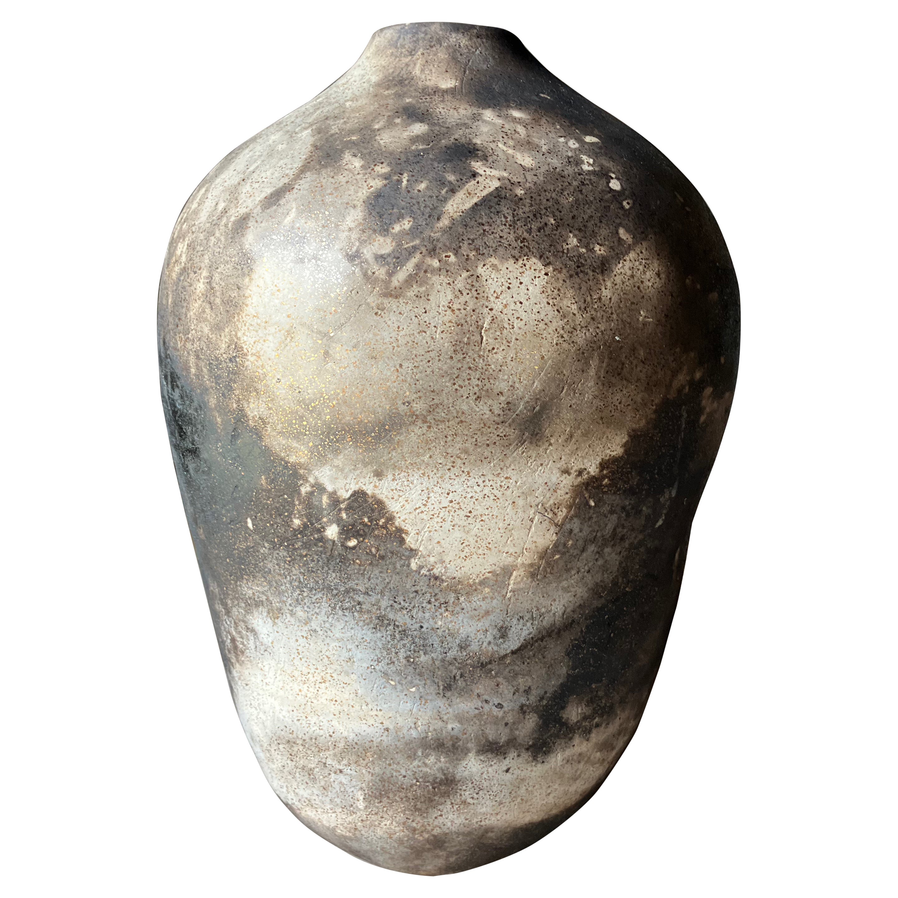 Organic Modern Smoke-Fired White Clay Bottle with Gold, Black and Brown