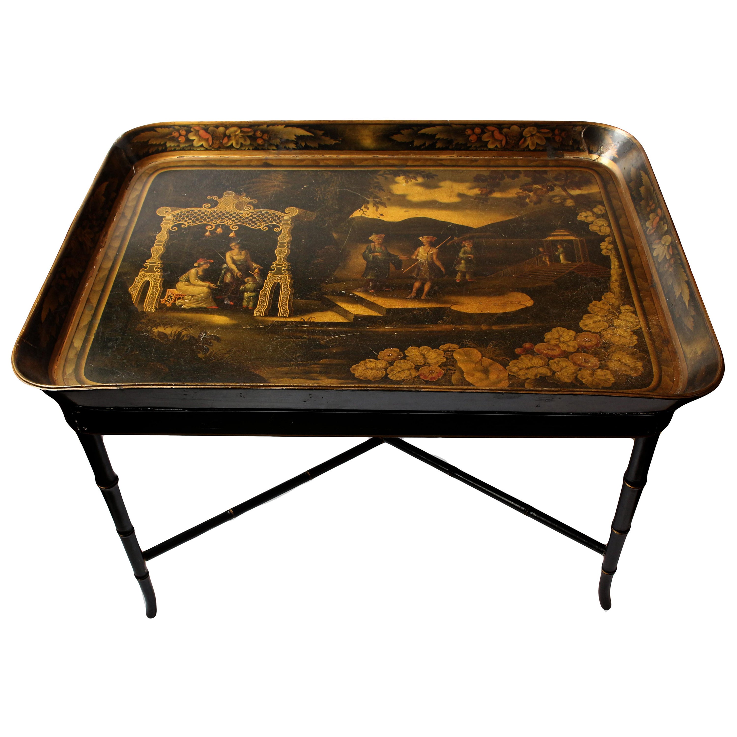 circa 1860s Papier Mache Tray on Coffee Table Stand For Sale