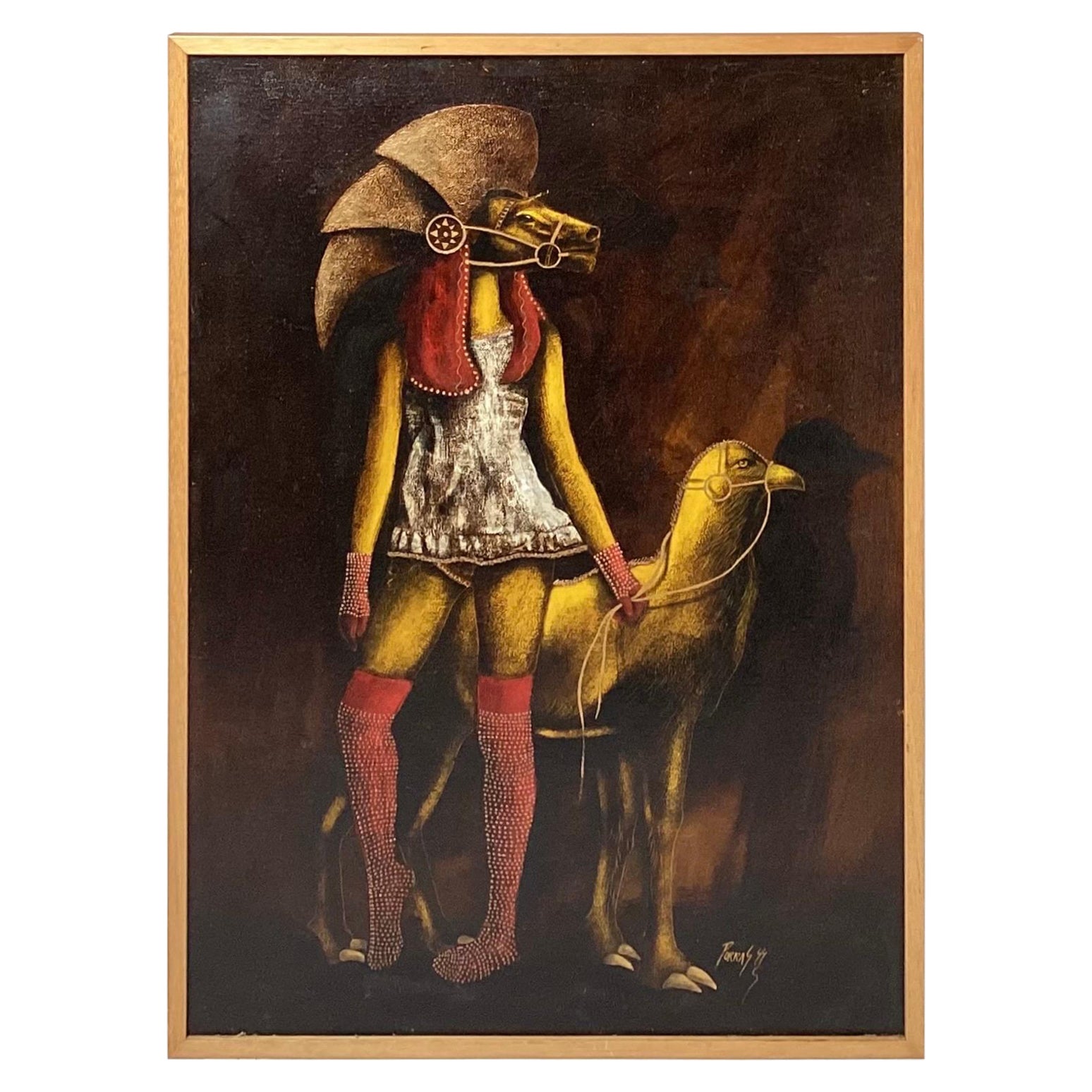 Peinture à l'huile surréaliste d'une femme avec un casque à tête de cheval  en vente