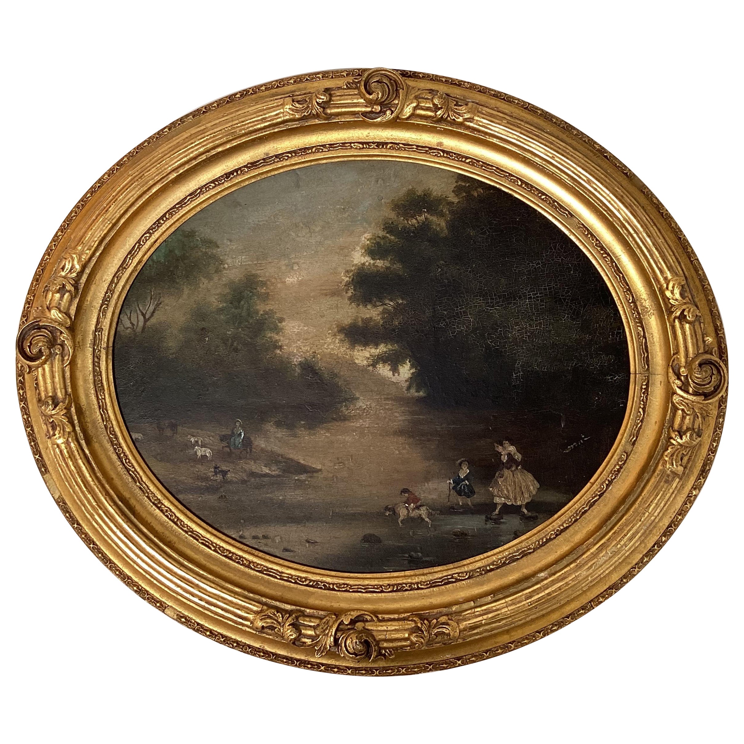 Continental School Folk Art Oil on Board Landscape with Figures, 18th / 19th C For Sale