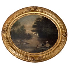 Kontinentale Schule, Volkskunst, Ölgemälde auf Karton, Landschaft mit Figuren, 18. / 19. Jahrhundert