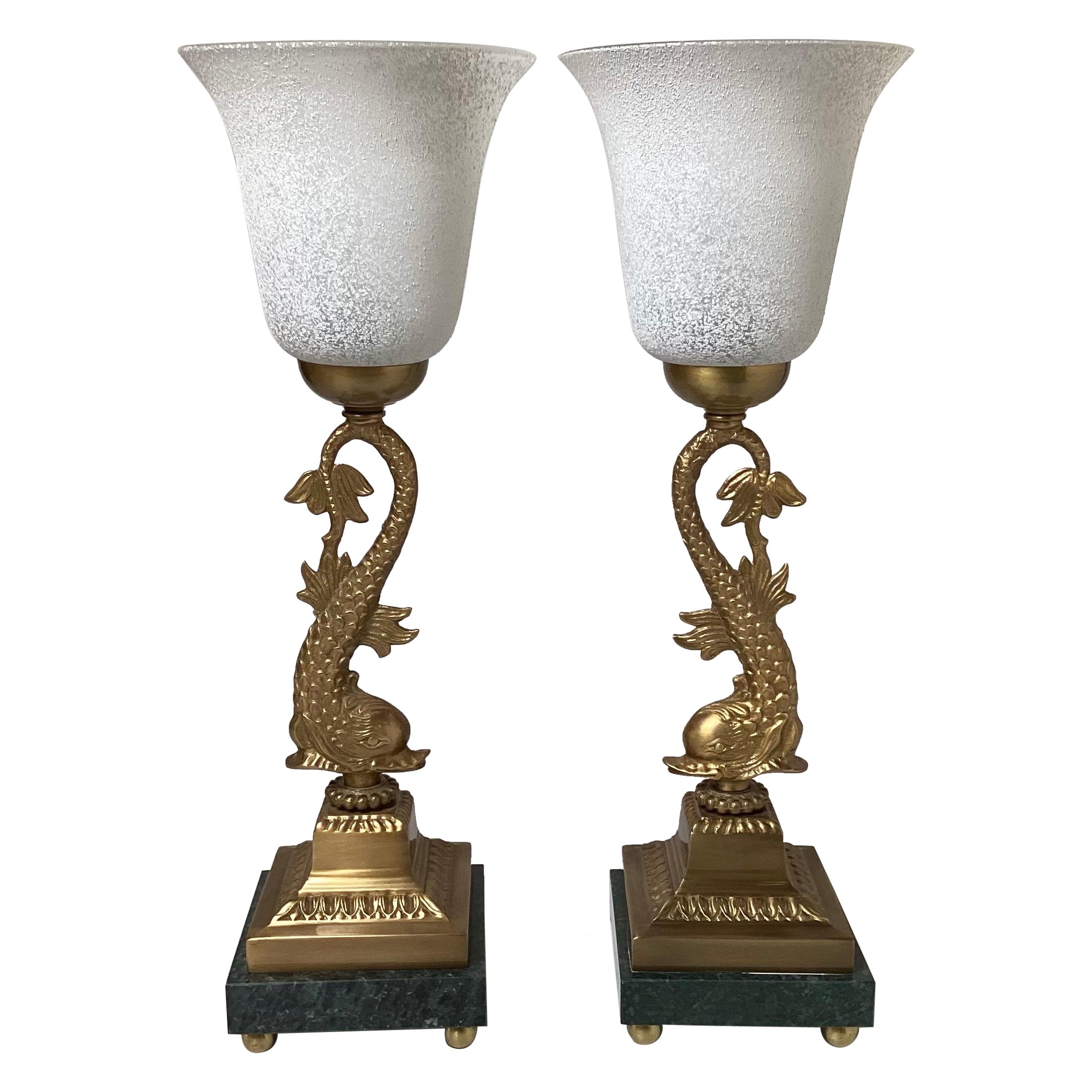 Pair of Cast Brass Dolphin Motif Buffet Lamps For Sale