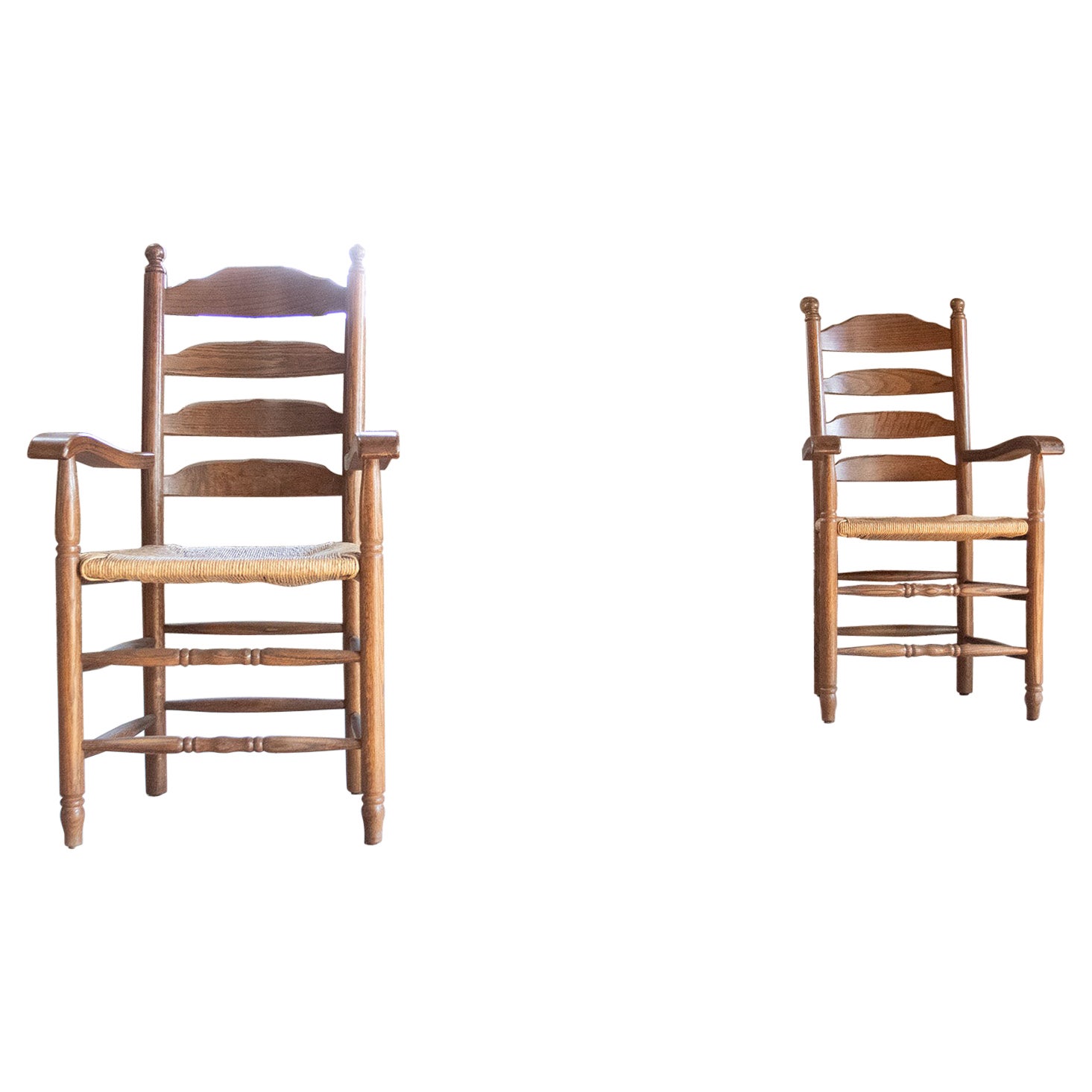 Two Dutch Knobs Ladder Back Oak Rush Seat Armchairs For Sale