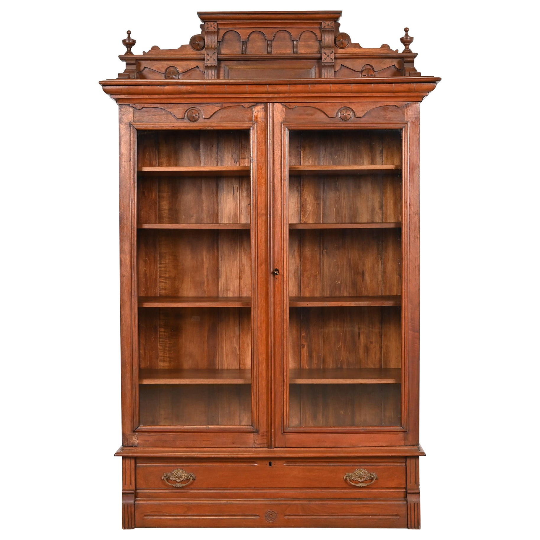 Antique Eastlake Victorian Carved Walnut Bookcase, circa 1860s
