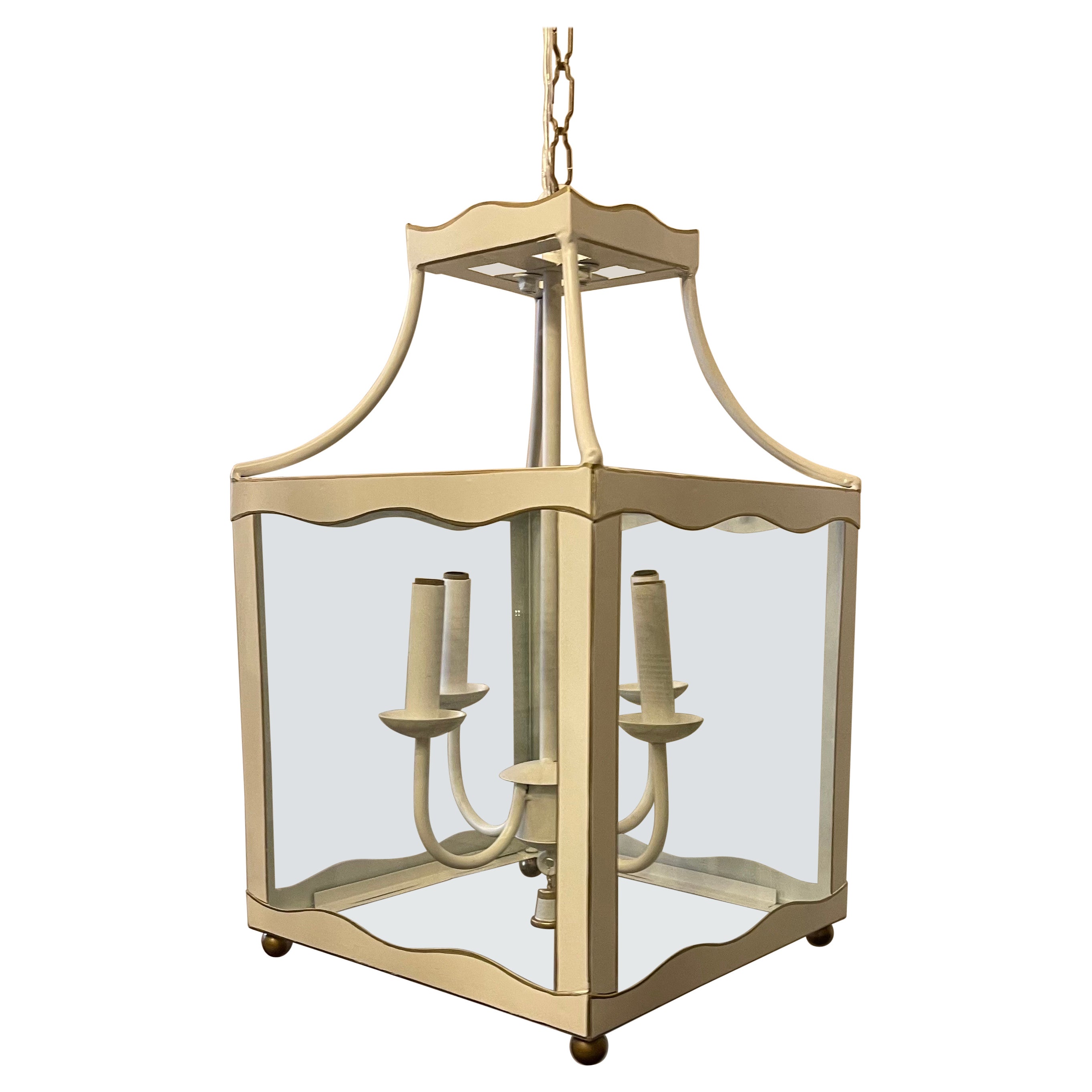 Wonderful White & Gold Trim Tole Pagoda Chinoiserie Lantern Fixture Chandelier For Sale