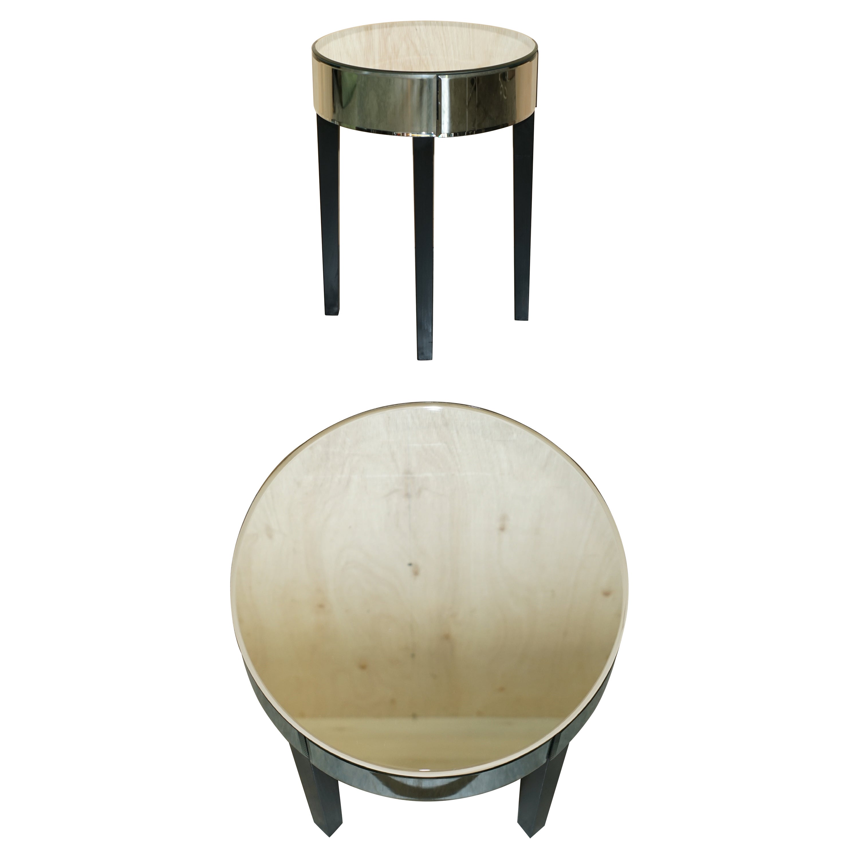 Lovely Mirrored Beveled Glass Singl Drawer Drum Side End Table Part of a Suite For Sale
