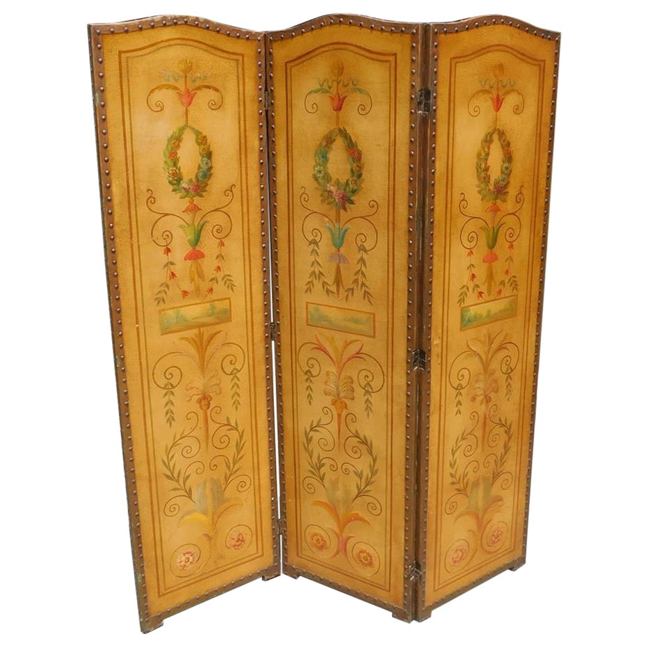 French Decorative Foliage Painted Three Panel Arched Leather Screen, Circa 1840 For Sale