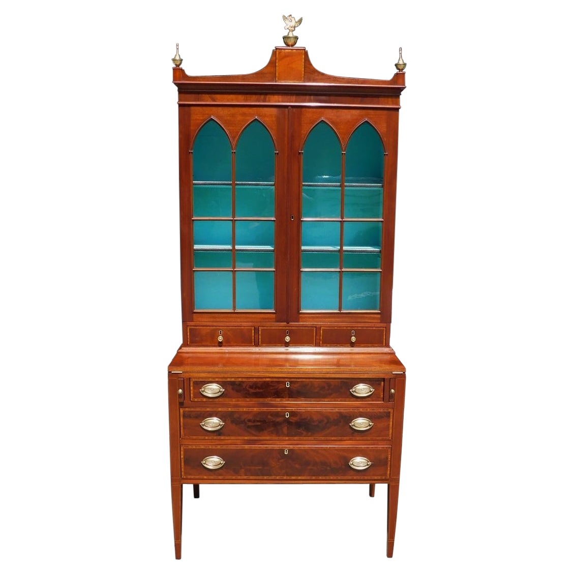 American Hepplewhite Mahogany Inlaid Fall Front Secretary with Bookcase, C. 1790 For Sale