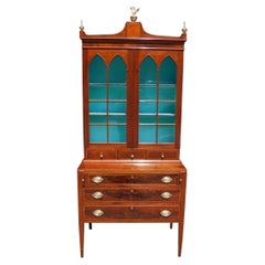 Antique American Hepplewhite Mahogany Inlaid Fall Front Secretary with Bookcase, C. 1790