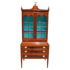 American Hepplewhite Mahogany Inlaid Fall Front Secretary with Bookcase, C. 1790