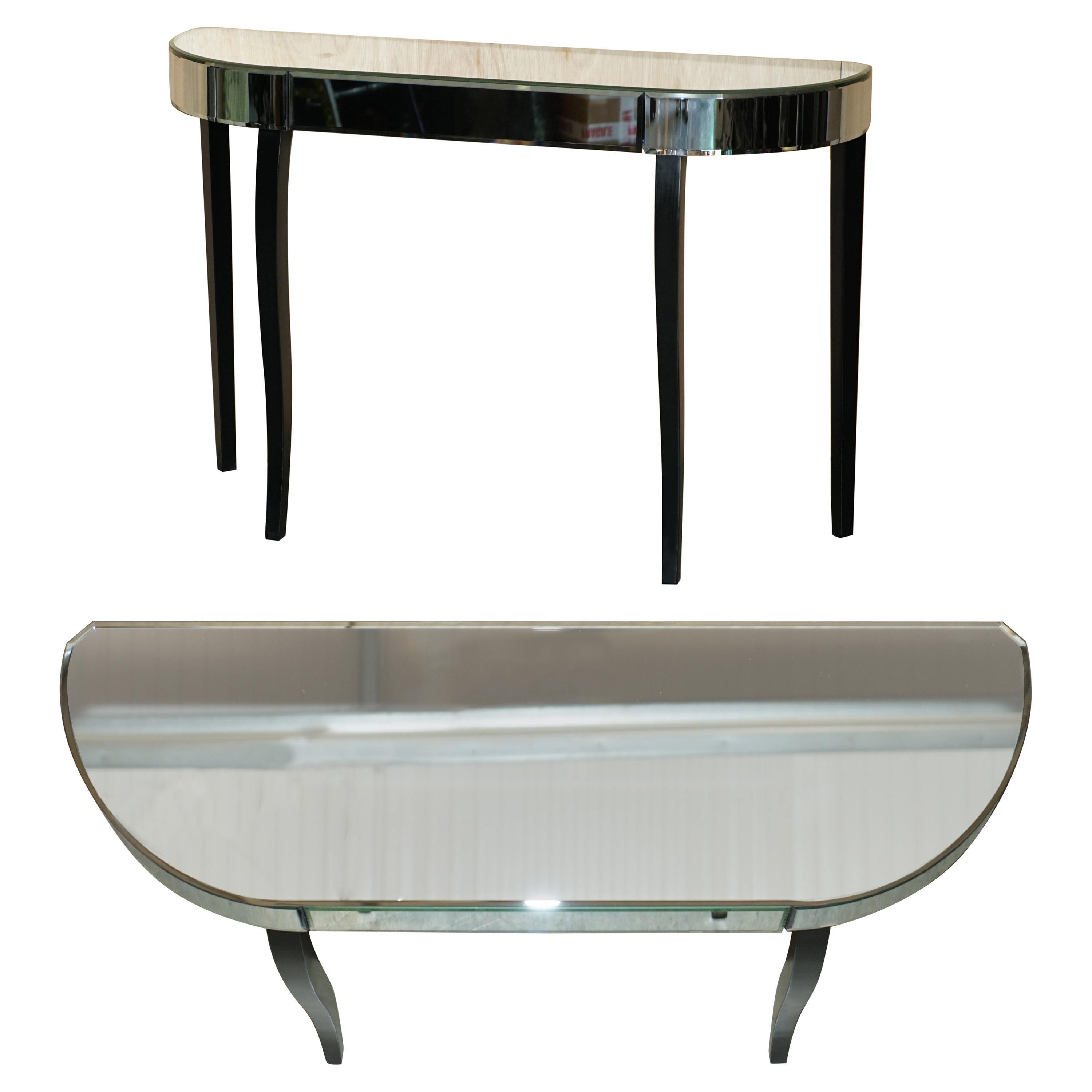 Mirrored Single Drawer Demilune Console Table Elegent Ebonized Lets Part of Set For Sale