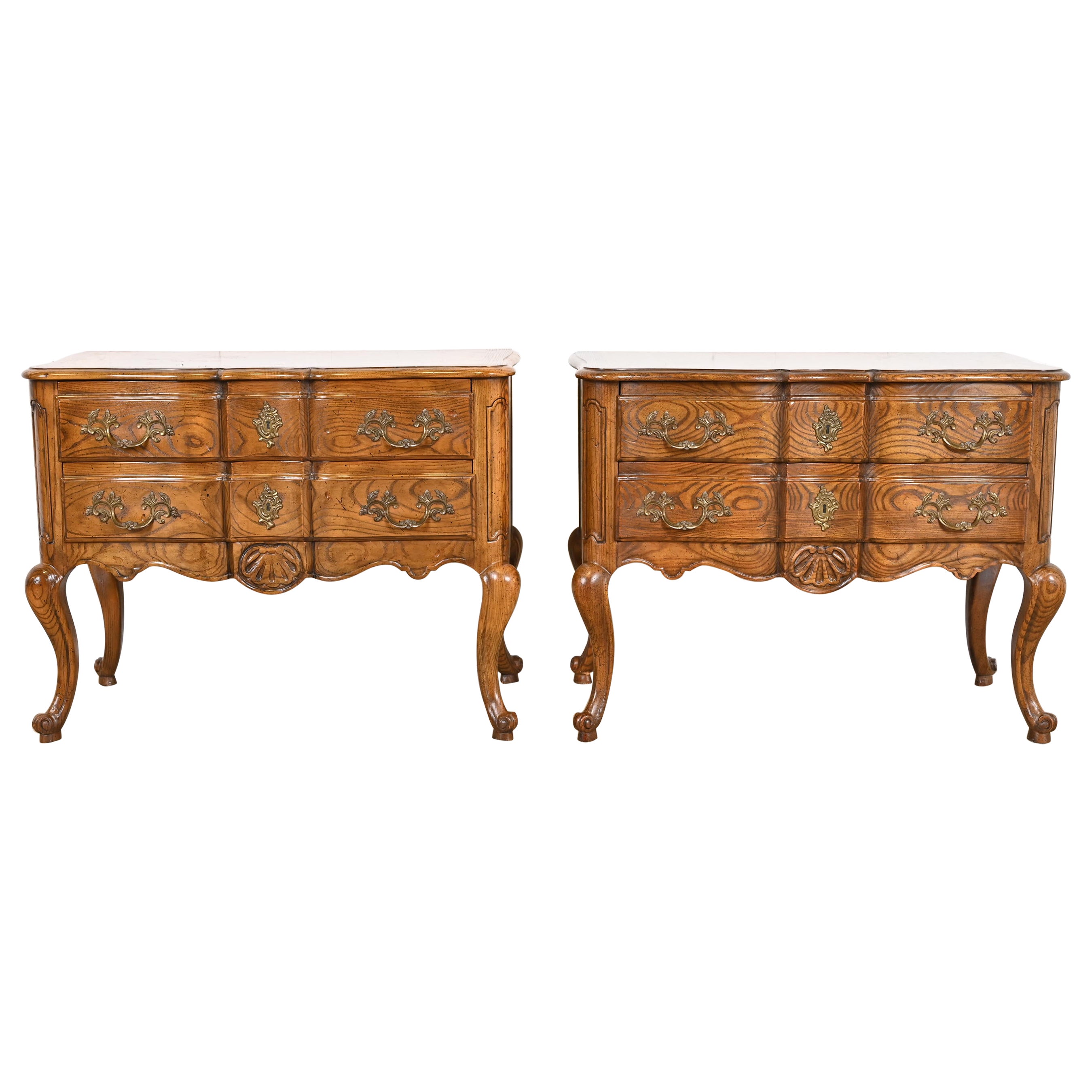 Baker Furniture French Provincial Oak and Burl Wood Commodes or Bedside Chests For Sale