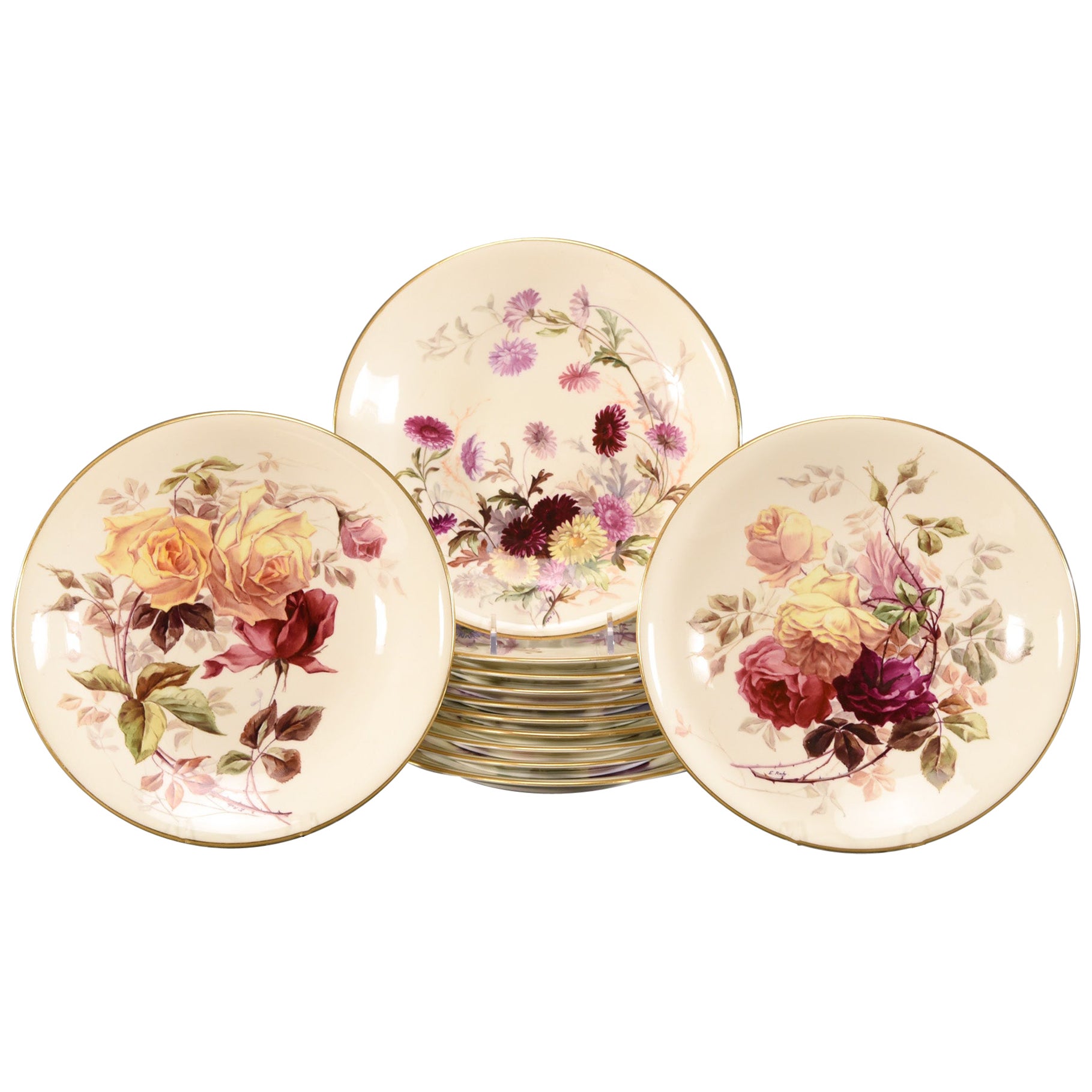 Set of 11 Royal Worcester Aesthetic Movement Dessert Plates Signed E. Raby For Sale