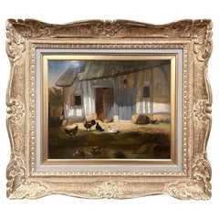 19th Century French Oil on Board Chicken Painting in Carved Gilt Frame